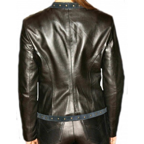 Blouson cuir en agneau plongé noir et agneau velours noir modèle Clarina