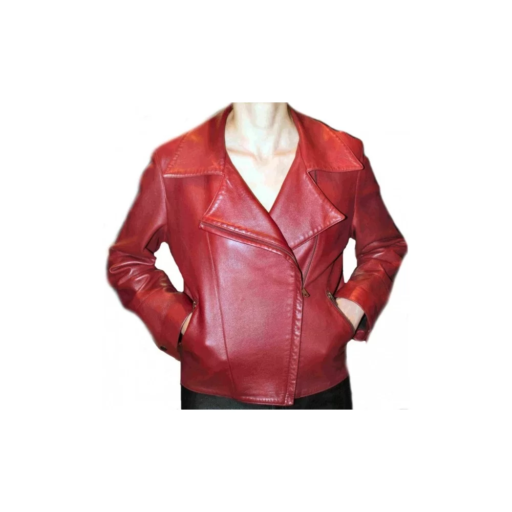 Blouson cuir style perfecto en agneau couleur bordeaux modèle Celine