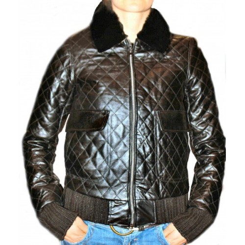 Blouson modèle Carolina en cuir d'agneau, quadrillé col amovible mouton