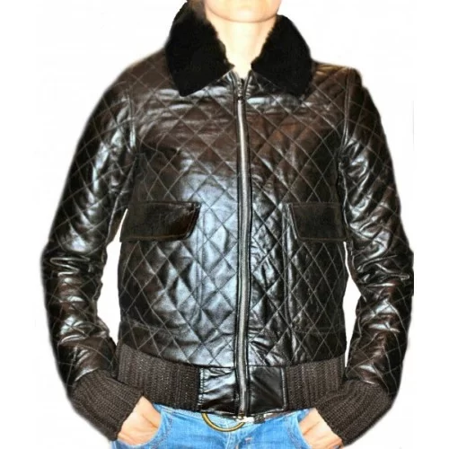 Blouson modèle Carolina en cuir d'agneau, quadrillé col amovible mouton