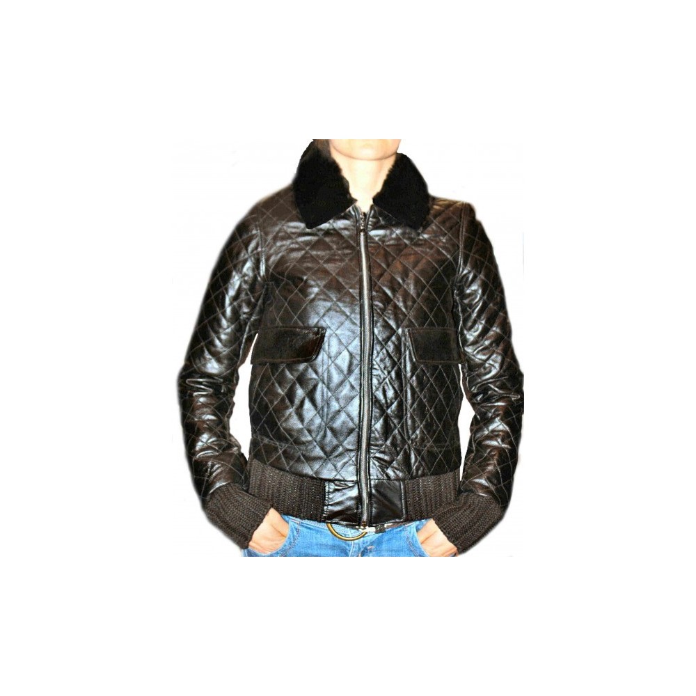 Blouson modèle Carolina en cuir d'agneau, quadrillé col amovible mouton