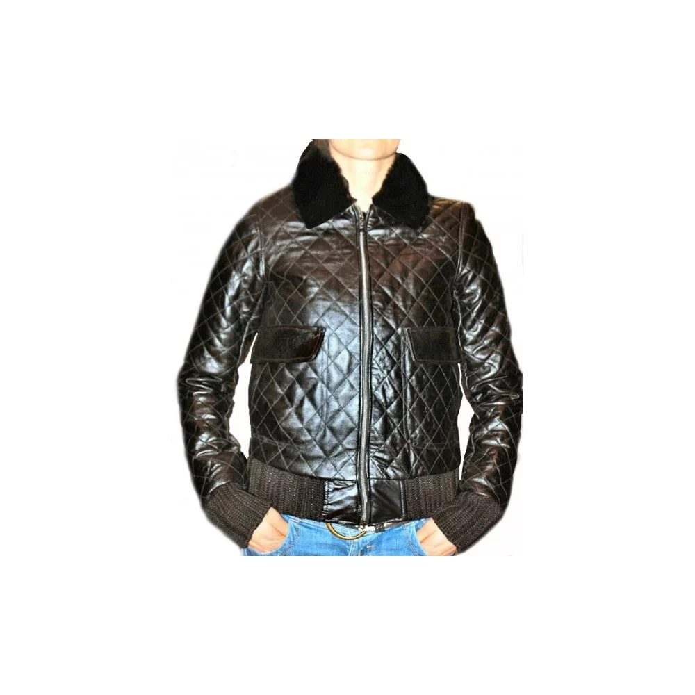 Blouson modèle Carolina en cuir d'agneau, quadrillé col amovible mouton