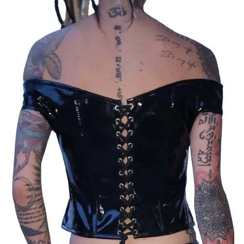 Bustier en cuir d'agneau vernis noir lacets à l'avant et à l'arrière modèle Bourne