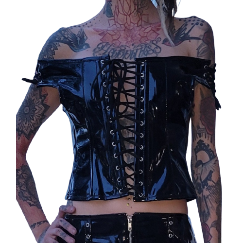 Bustier en cuir d'agneau vernis noir lacets à l'avant et à l'arrière modèle Bourne