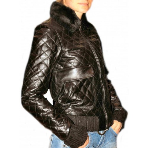 Blouson modèle Carolina en cuir d'agneau, quadrillé col amovible mouton