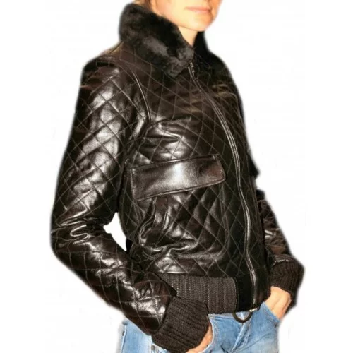 Blouson modèle Carolina en cuir d'agneau, quadrillé col amovible mouton