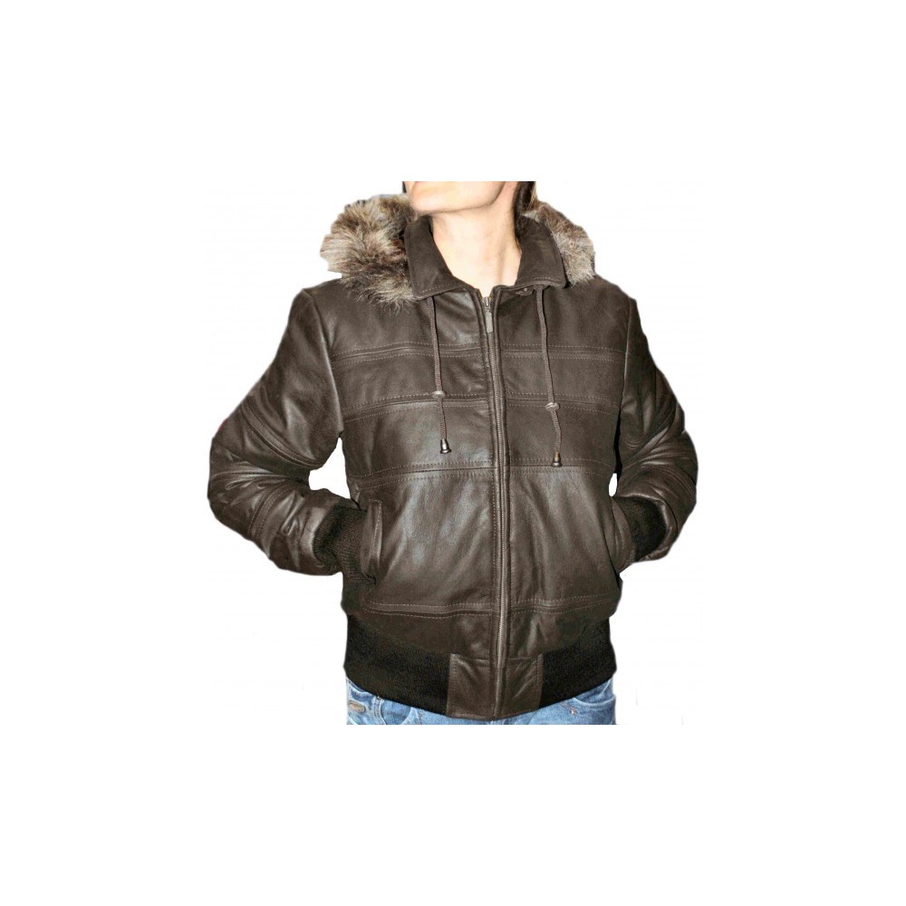 Blouson en cuir femme capuche amovible bors fourrure synthétique modèle Carmélia