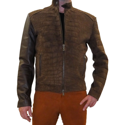 Blouson modèle Prisme en agneau marron et avant en crocodile nubuck marron