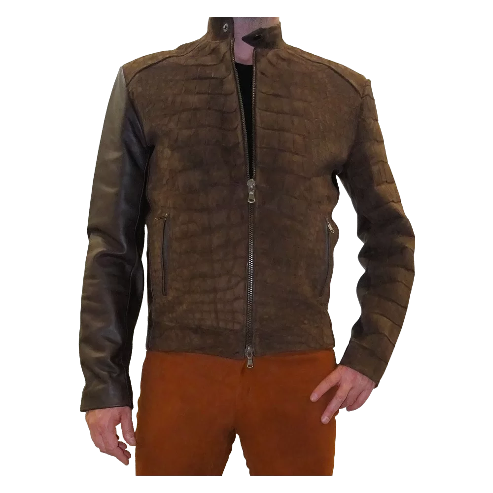 Blouson modèle Prisme en agneau marron et avant en crocodile nubuck marron