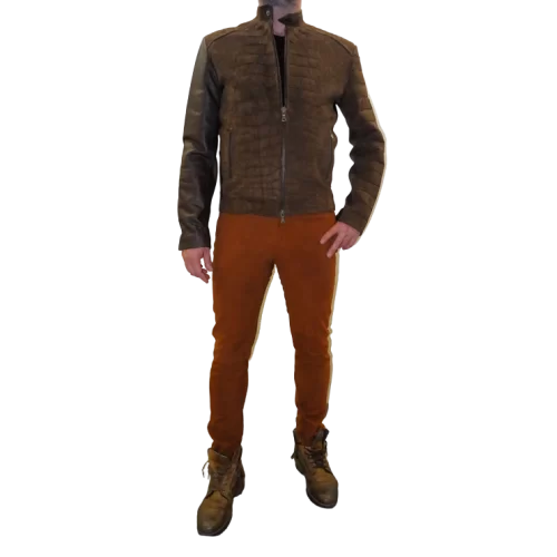 Blouson modèle Prisme en agneau marron et avant en crocodile nubuck marron