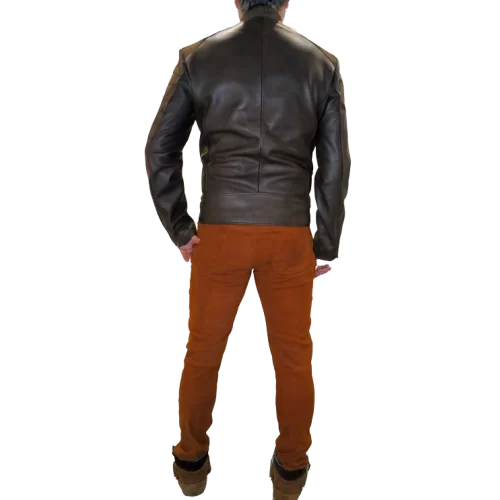 Blouson modèle Prisme en agneau marron et avant en crocodile nubuck marron