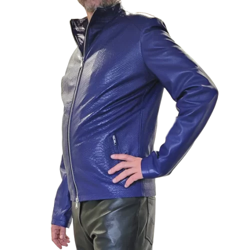 Blouson Hervé agneau cuir blue uni et impression pyhton