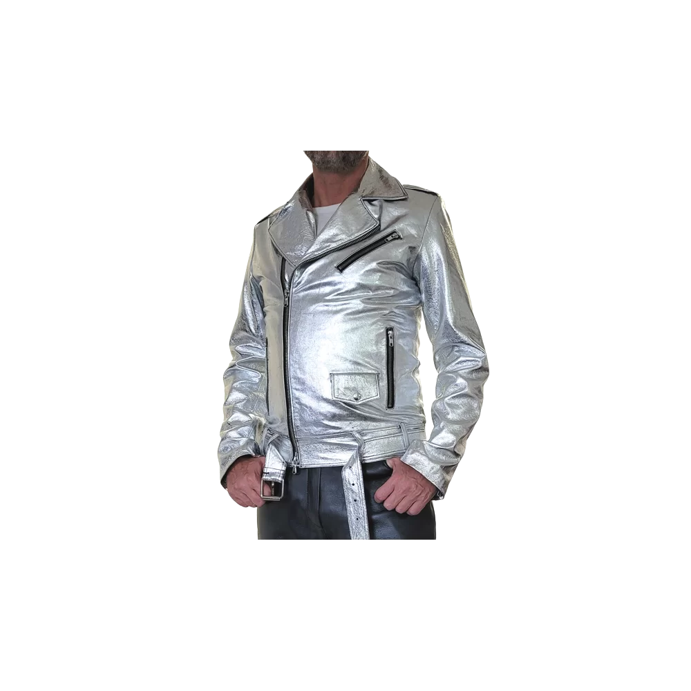 Blouson perfecto modèle Camillo en agneau métalllisé gris