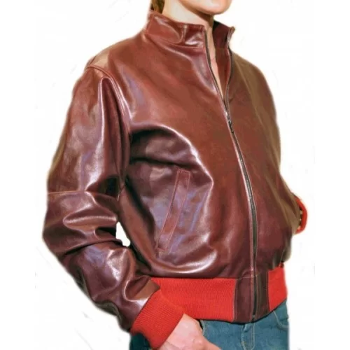 Blouson cuir en vachette rouge, bords côte rouge modèle Bridget