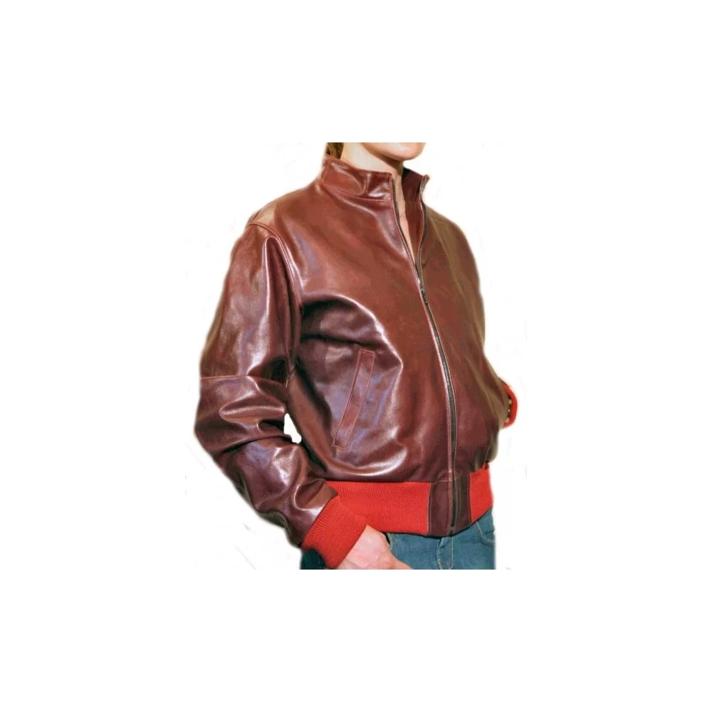 Blouson cuir en vachette rouge, bords côte rouge modèle Bridget