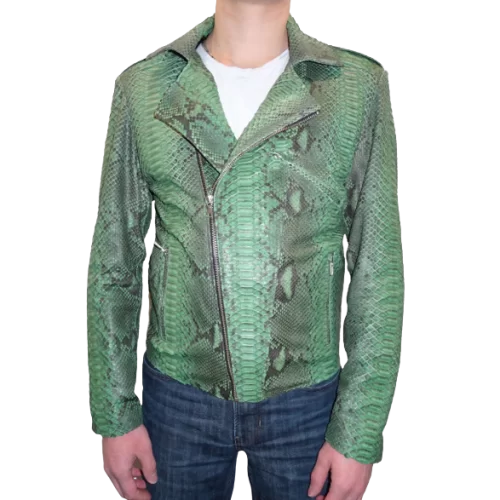 Blouson perfecto en cuir de python véritable couleur verte