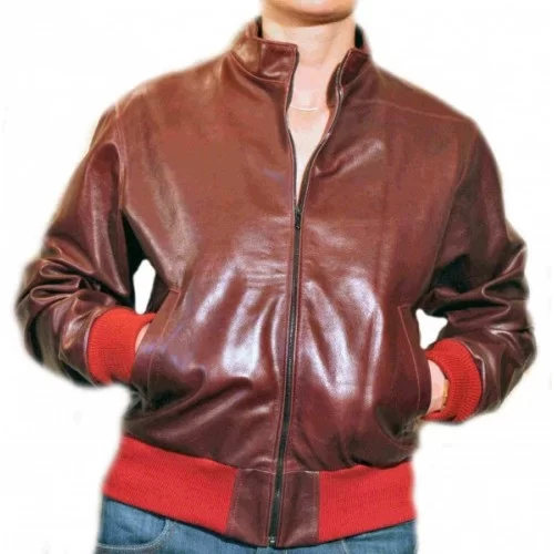 Blouson cuir en vachette rouge, bords côte rouge modèle Bridget