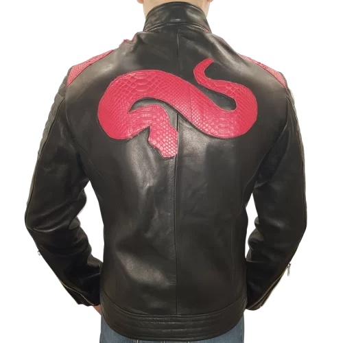 Blouson en cuir de vachette plongée noire et incrustations motif serpent en python véritable modèle Cerbère