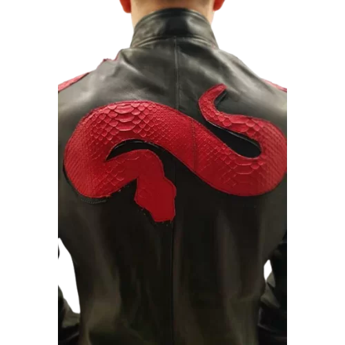 Blouson en cuir de vachette plongée noire et incrustations motif serpent en python véritable modèle Cerbère