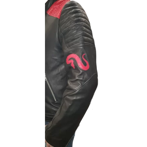 Blouson en cuir de vachette plongée noire et incrustations motif serpent en python véritable modèle Cerbère