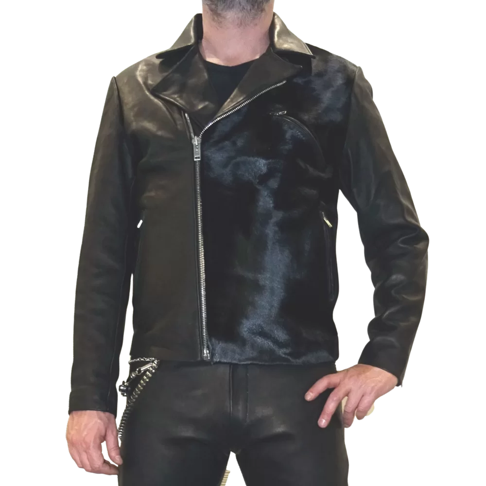 Blouson perfecto en vachette plongée noire et coté en veau pony noir modèle Ronian