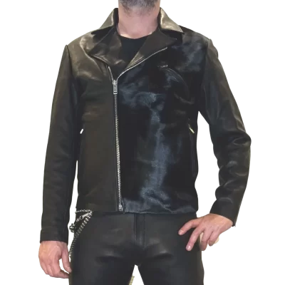 Blouson perfecto en vachette plongée noire et coté en veau pony noir modèle Ronian