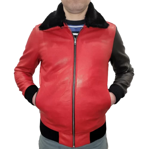 Blouson modèle Tiral en agneaux rouge et noir col amovible mouton véritable