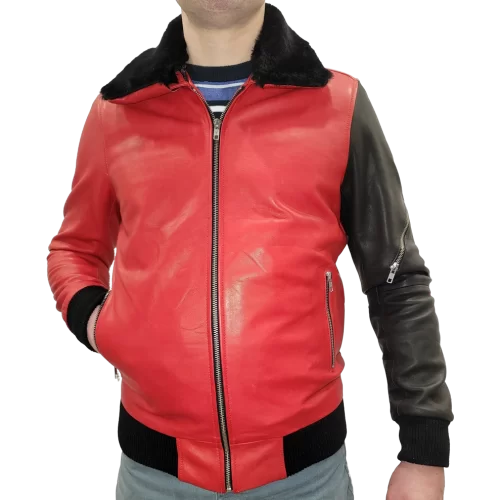 Blouson modèle Tiral en agneaux rouge et noir col amovible mouton véritable