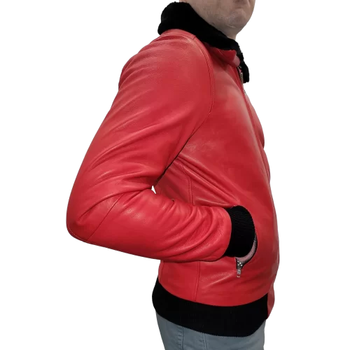 Blouson modèle Tiral en agneaux rouge et noir col amovible mouton véritable