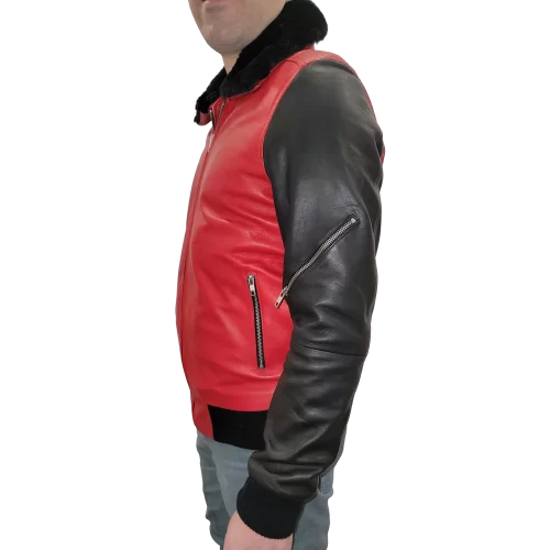 Blouson modèle Tiral en agneaux rouge et noir col amovible mouton véritable