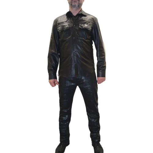 Chemise modèle Michak en agneau plongé noir et poches en python véritable noir