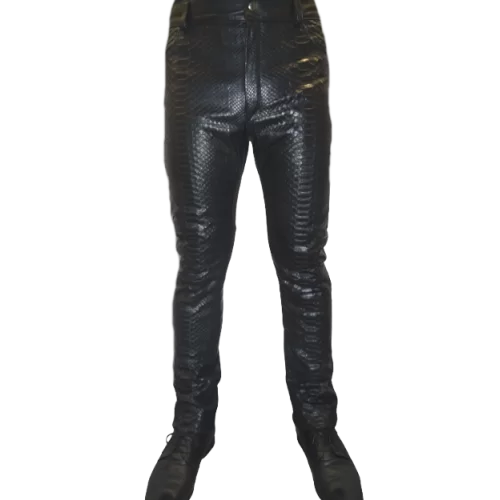 Pantalon modèle reptor en python véritable et agneau plongé noir