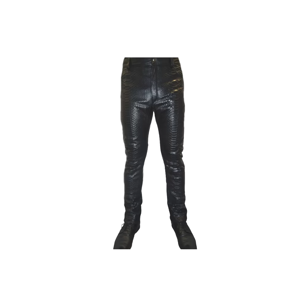 Pantalon modèle reptor en python véritable et agneau plongé noir