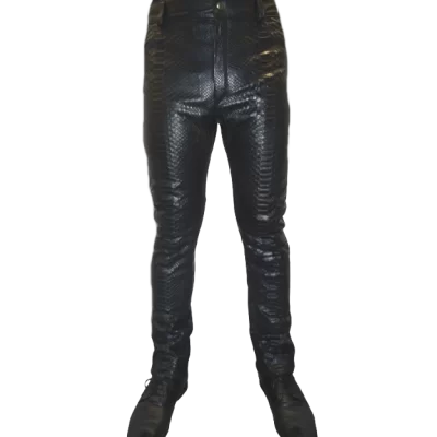 Pantalon modèle reptor en python véritable et agneau plongé noir