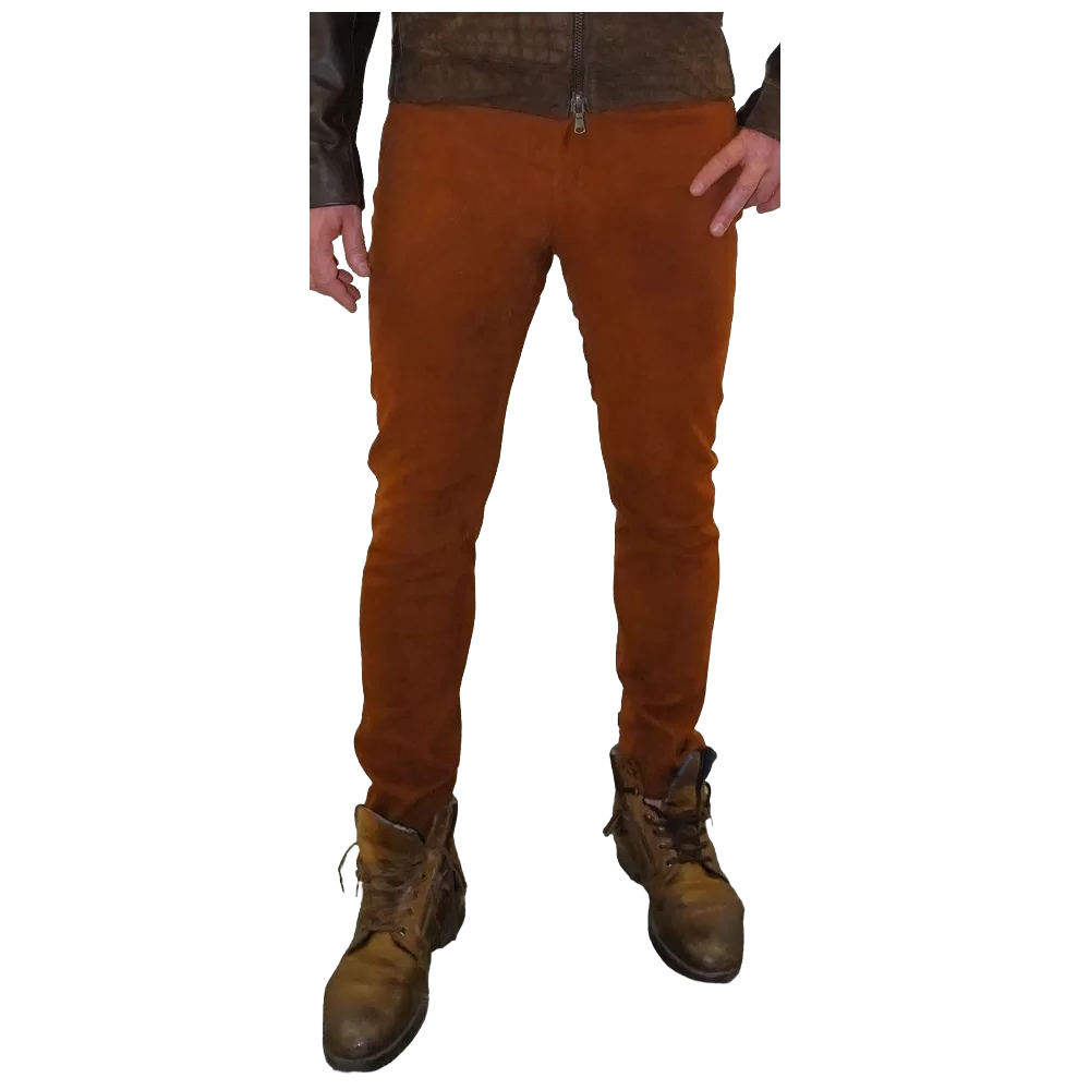 Pantalon modèle Danilo en agneau velours façon daim marron gold