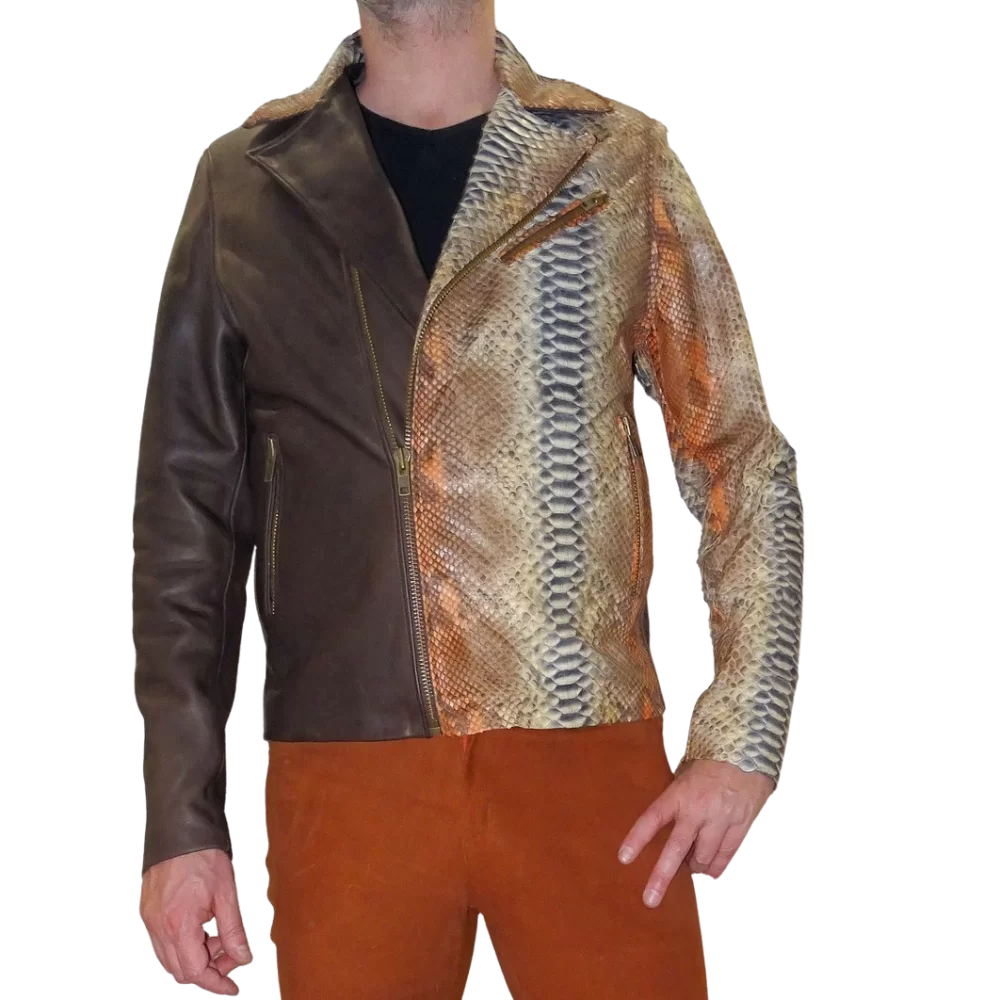 Blouson cuir perfecto bimatière agneau plongé et python véritable modèle Ramao