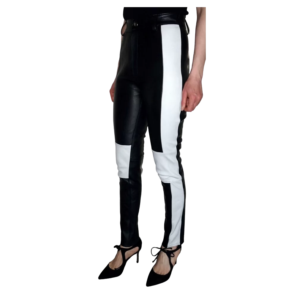 Pantalon modèle Mina en agneau stretch bicolore noir et blanc