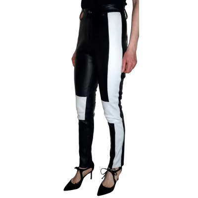 Pantalon modèle Mina en agneau stretch bicolore noir et blanc