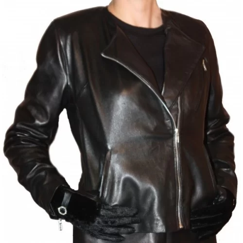 Bluson cuir femme sans col en agneau plongé noir modèle Marine