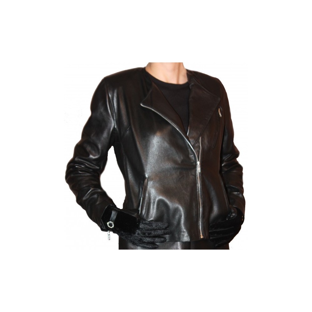 Bluson cuir femme sans col en agneau plongé noir modèle Marine