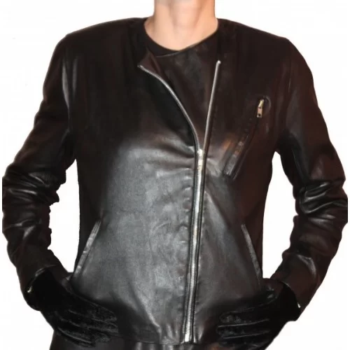 Bluson cuir femme sans col en agneau plongé noir modèle Marine