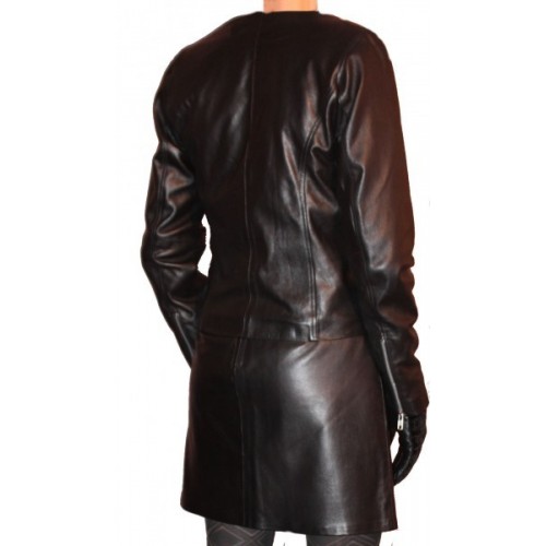 Bluson cuir femme sans col en agneau plongé noir modèle Marine