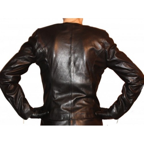 Bluson cuir femme sans col en agneau plongé noir modèle Marine