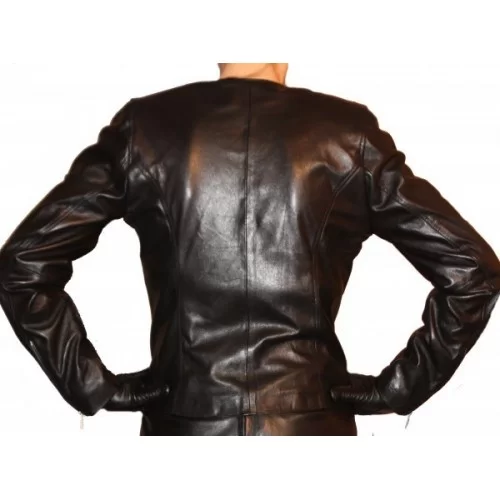 Bluson cuir femme sans col en agneau plongé noir modèle Marine