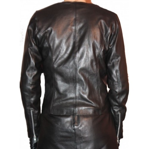Bluson cuir femme sans col en agneau plongé noir modèle Marine