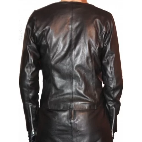 Bluson cuir femme sans col en agneau plongé noir modèle Marine