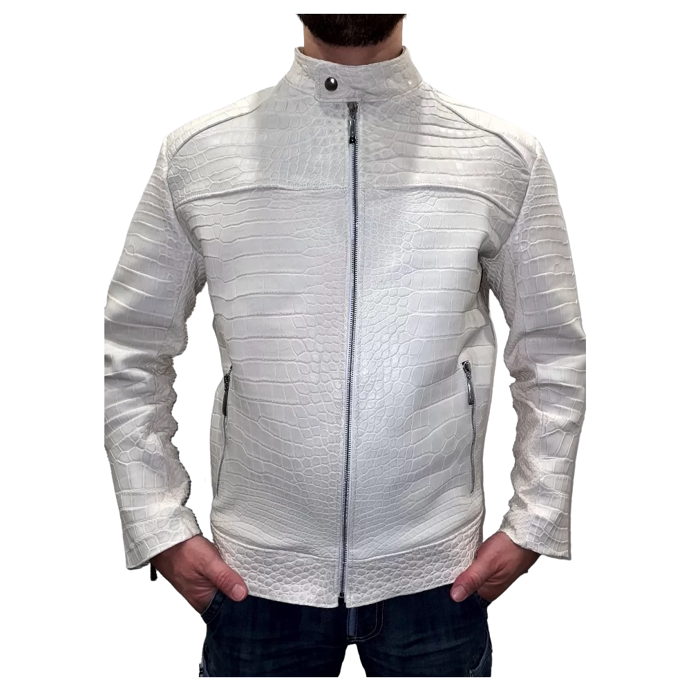 Blouson modèle Carnage en crocodile véritable et python couleur blanche