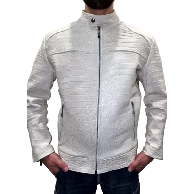 Blouson modèle Carnage en crocodile véritable et python couleur blanche