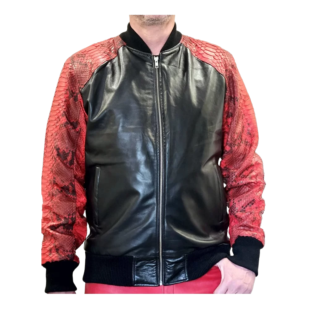 Blouson en cuir d'agneau noir et python rouge véritable modèle Fabrice