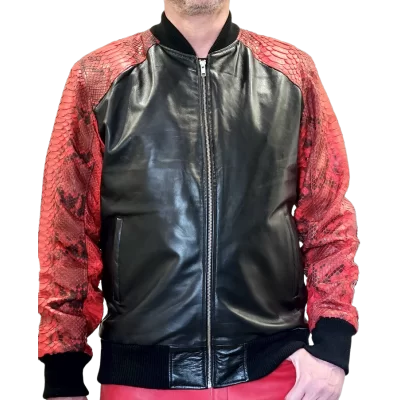 Blouson en cuir d'agneau noir et python rouge véritable modèle Fabrice